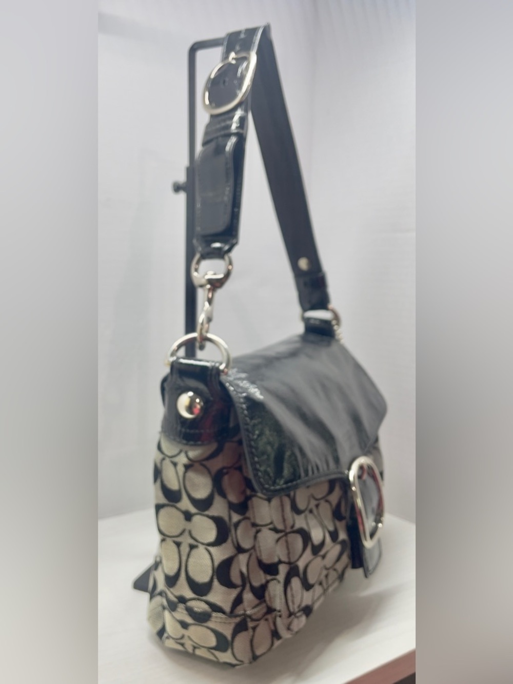 Coach Bleecker 2008 Signature Flap Shoulder Bag 12562 Black Patent Trim, Buckle - Picture 8 of 14